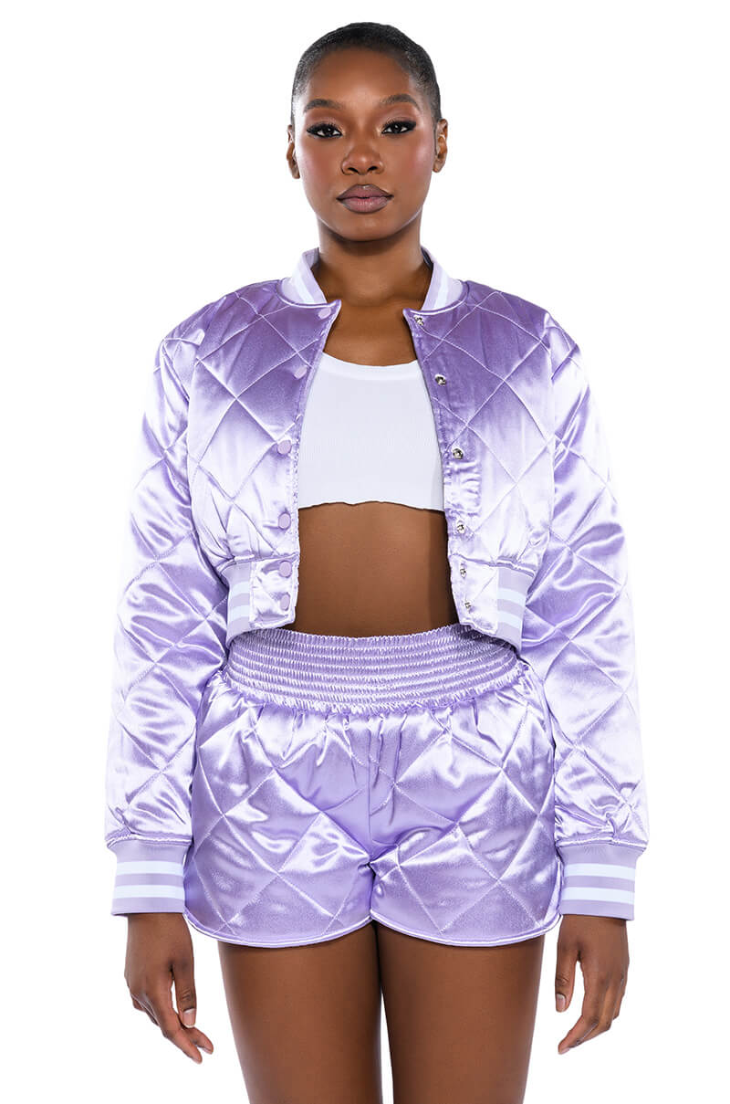NO CAP CROPPED SATIN VARSITY BOMBER