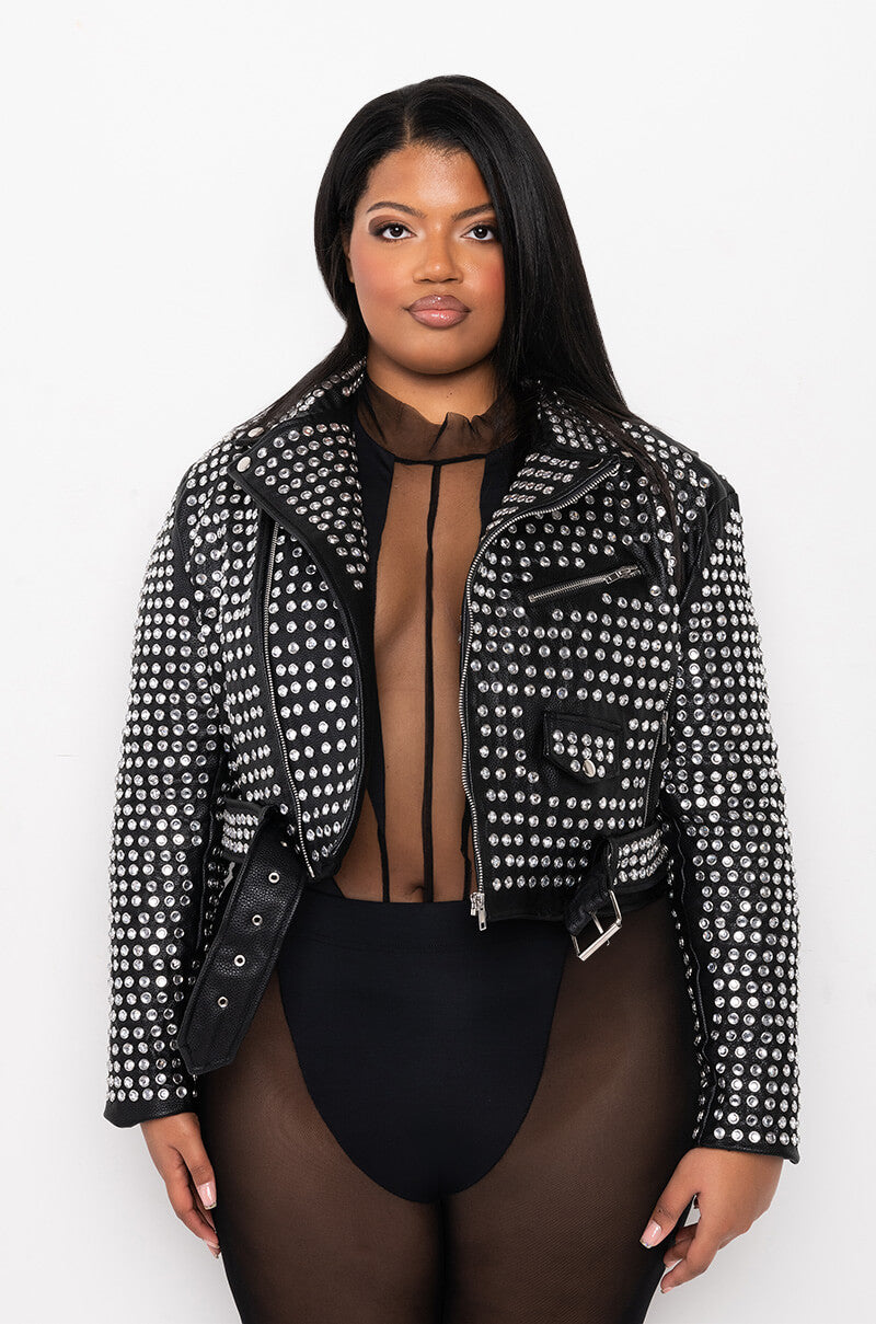 PLUS AZALEA WANG GAZETTE 3000 STUDS MOTO JACKET IN BLACK