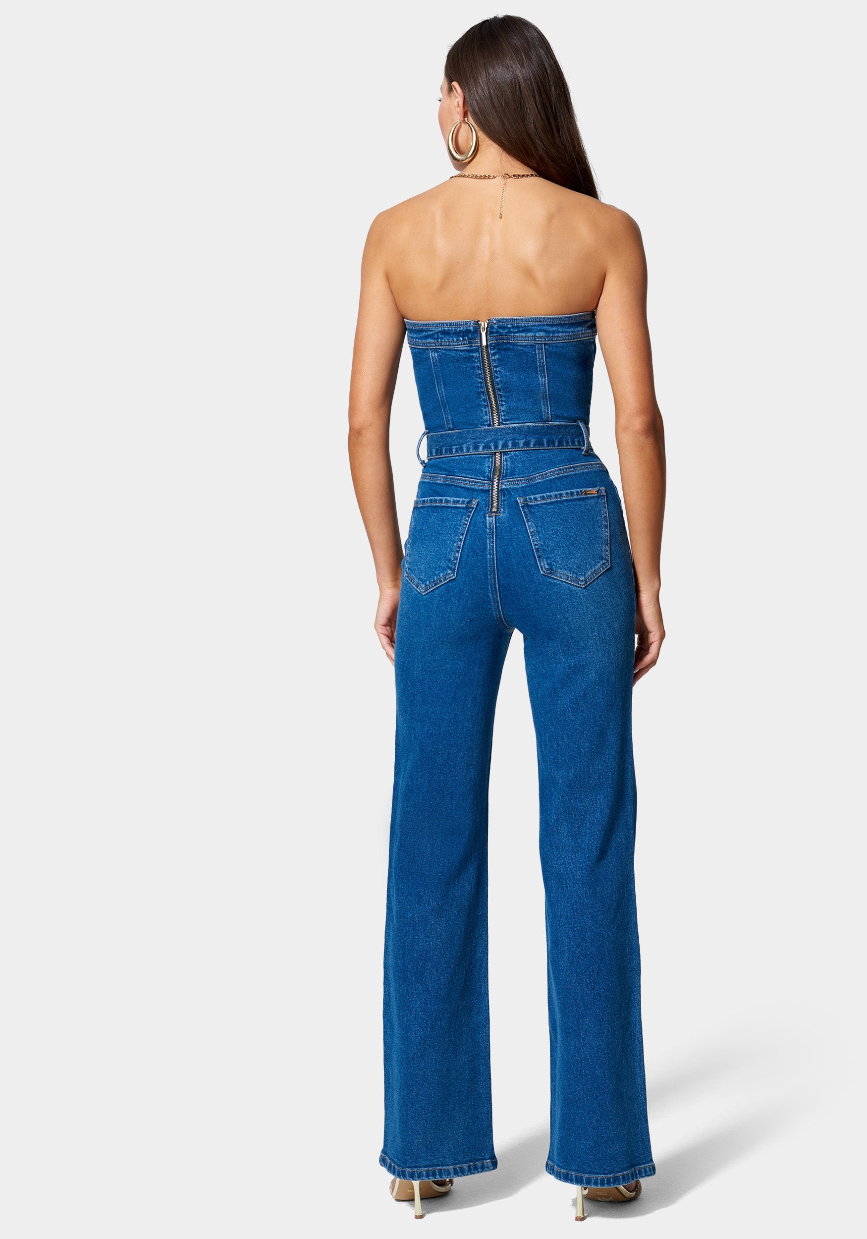 Strapless Button Detail Belted Wide Leg Denim Jumpsuit