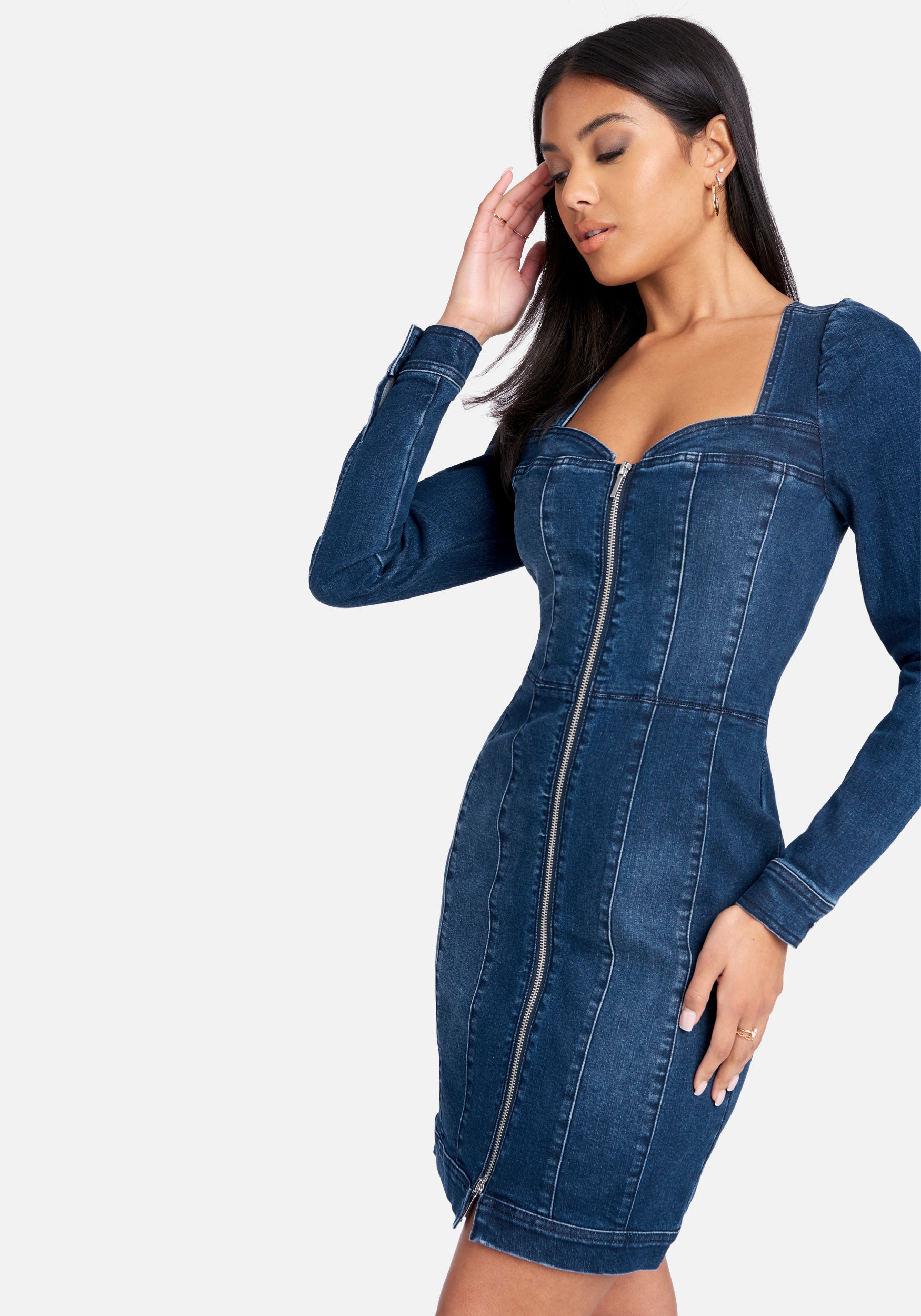 Long Sleeve Zip Front Bustier Denim Dress