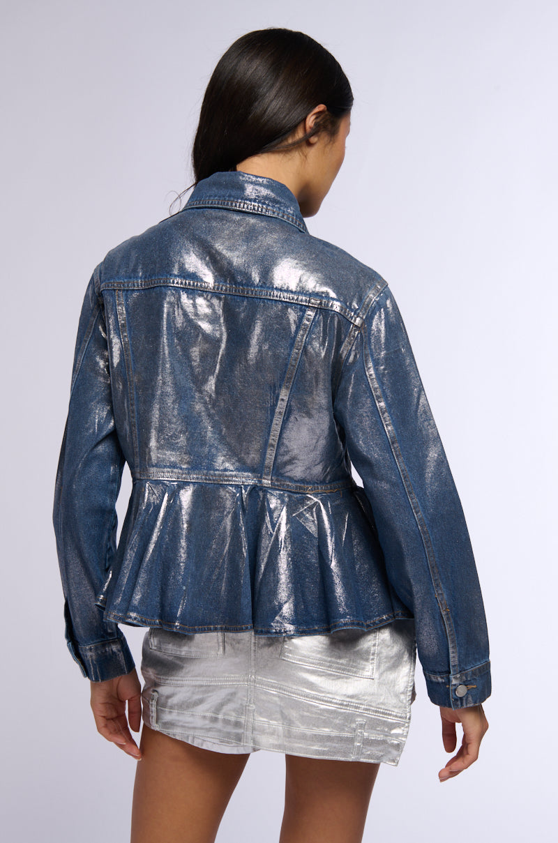 MONIQUE FLOWER DETAIL METALLIC DENIM JACKET