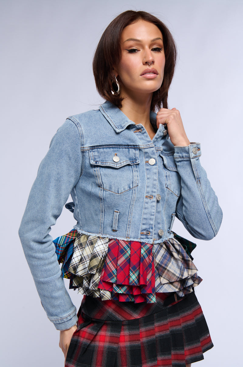 BABY GIRL PLAID PEPLUM DENIM JACKET