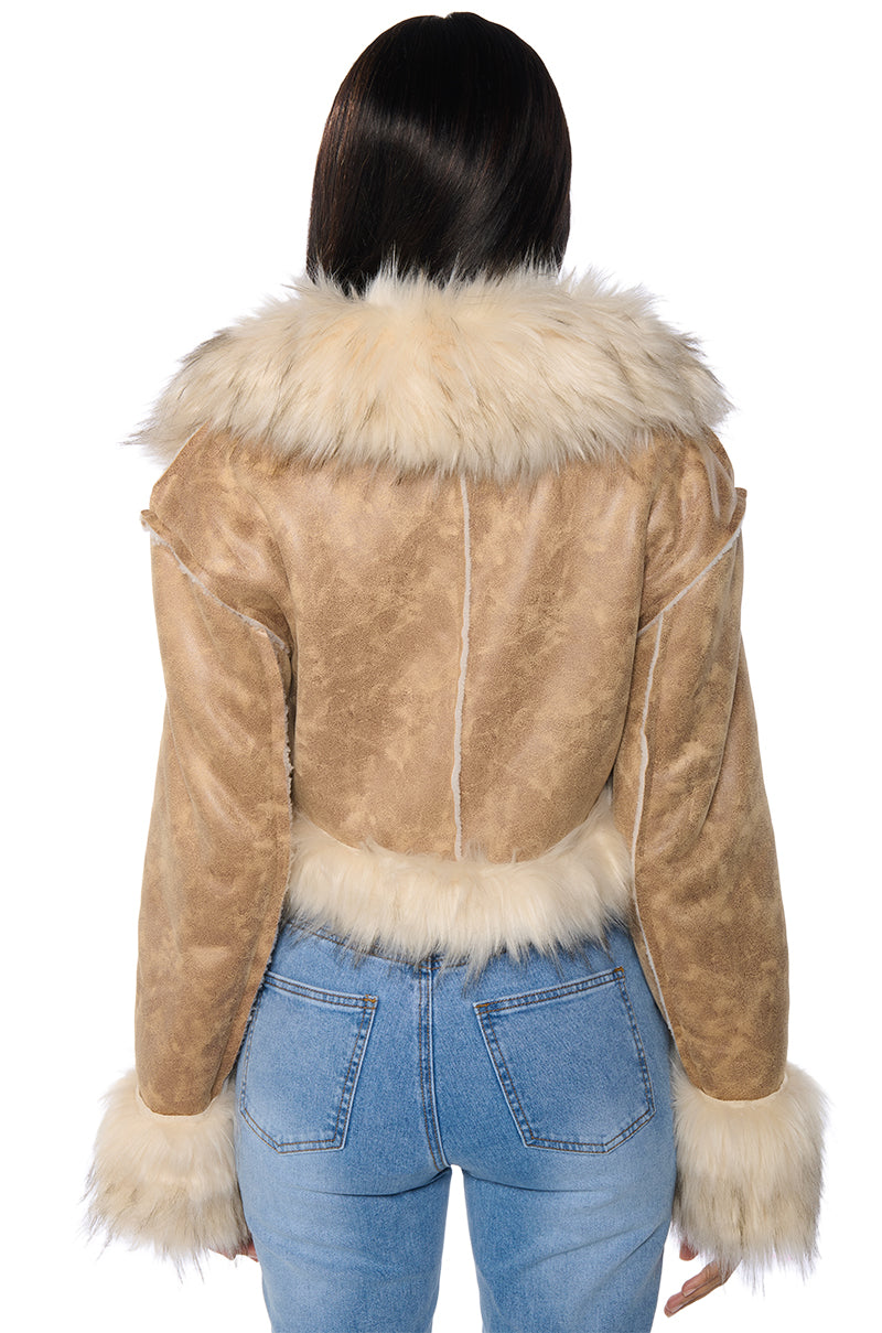 ROWLAND DISTRESSED FAUX LEATHER MOTO WITH FUR COLLAR