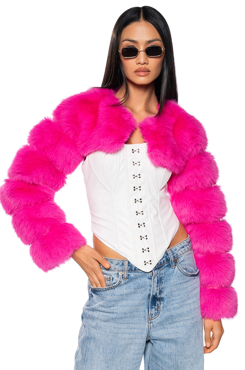 LADIES NIGHT ULTRA CROP FAUX FUR JACKET