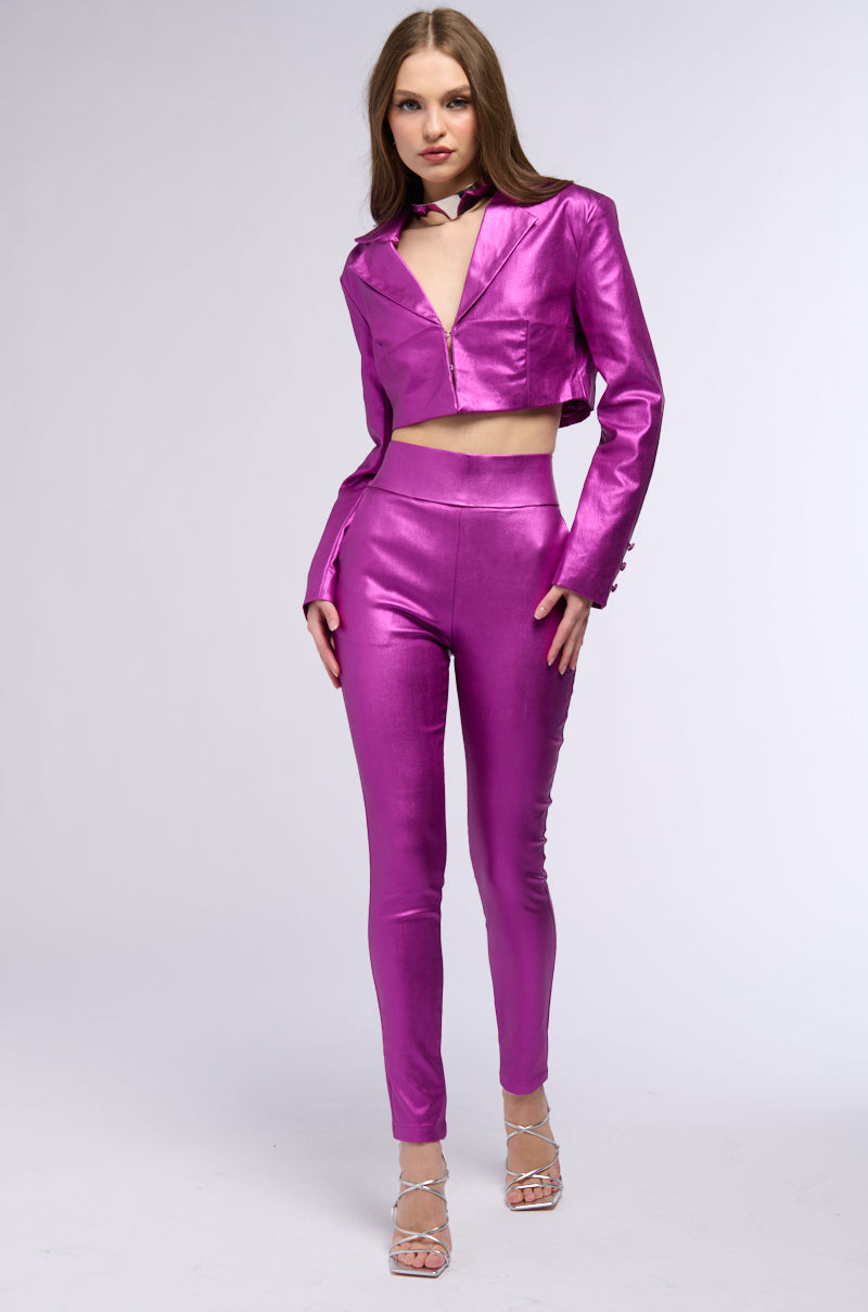 CROPPED AND COATED BLAZER IN NEON PURPLE