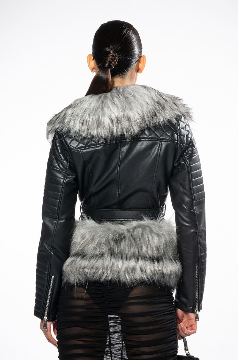 NEVER CARED WAIST LINED FAUX FUR MOTO JACKET