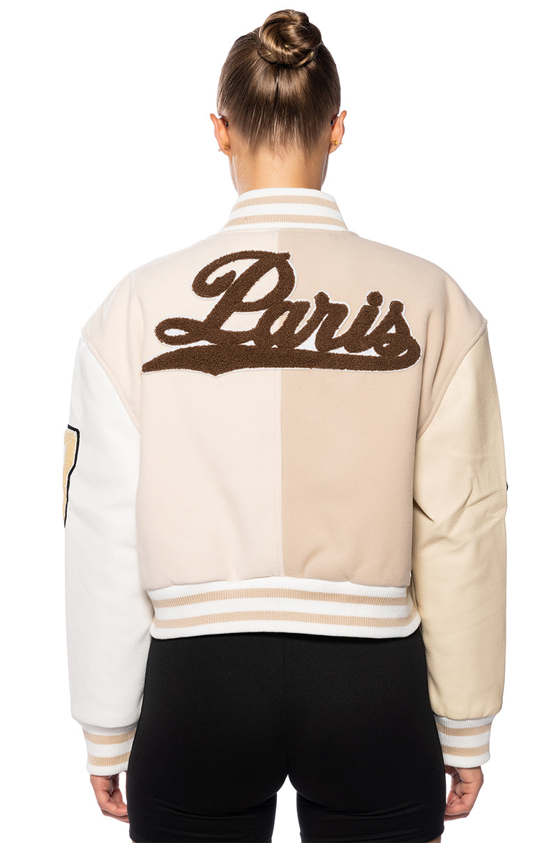 AZALEA WANG BEIGE RUELA VARSITY JACKET