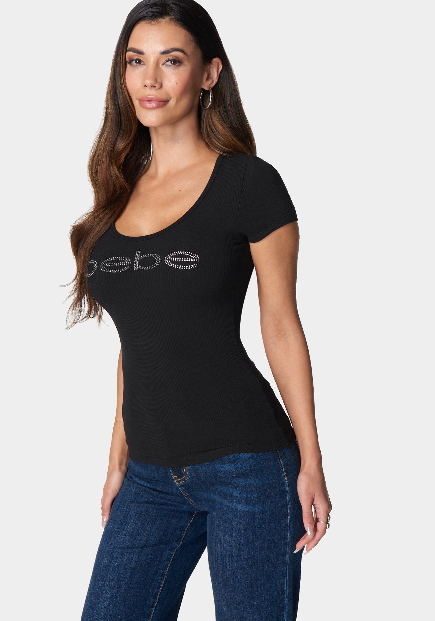 Bebe Logo Short Sleeve Round Neck Rib Top