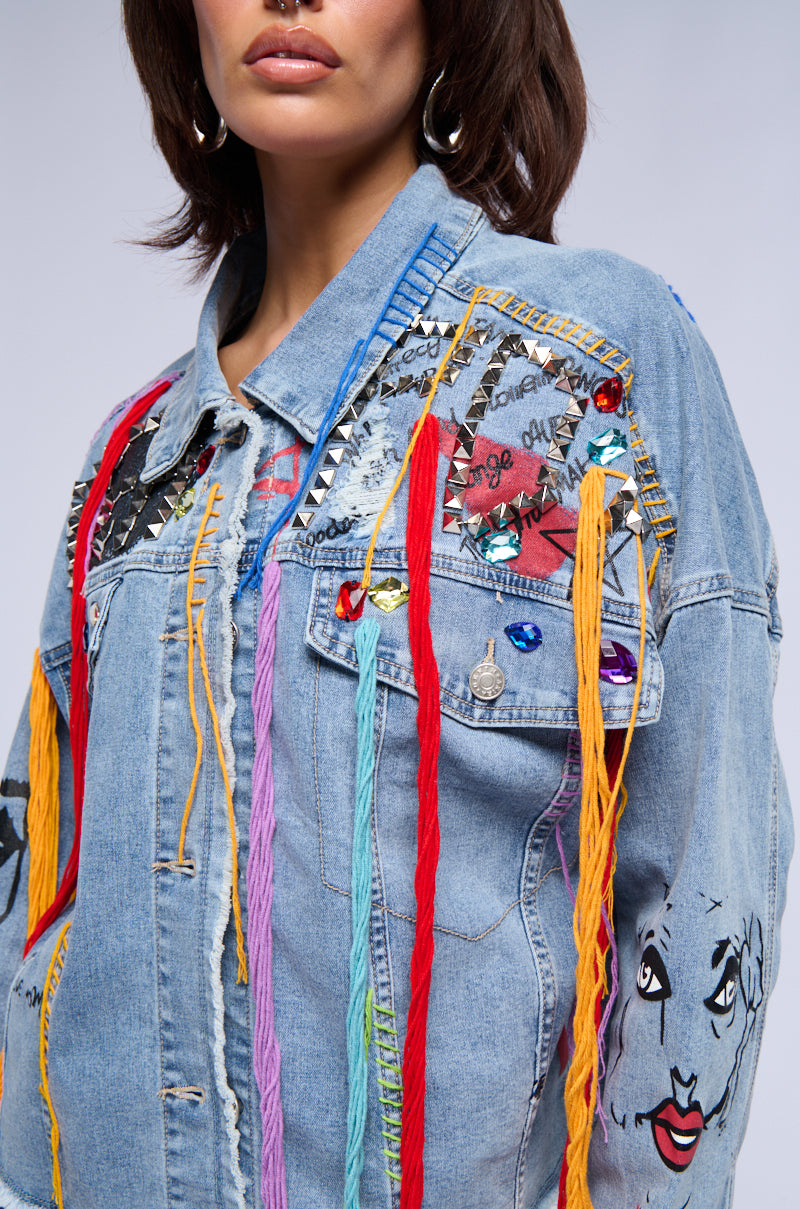 LOST IN THE CITY STUDDED YARN APPLIQUE DENIM JACKET