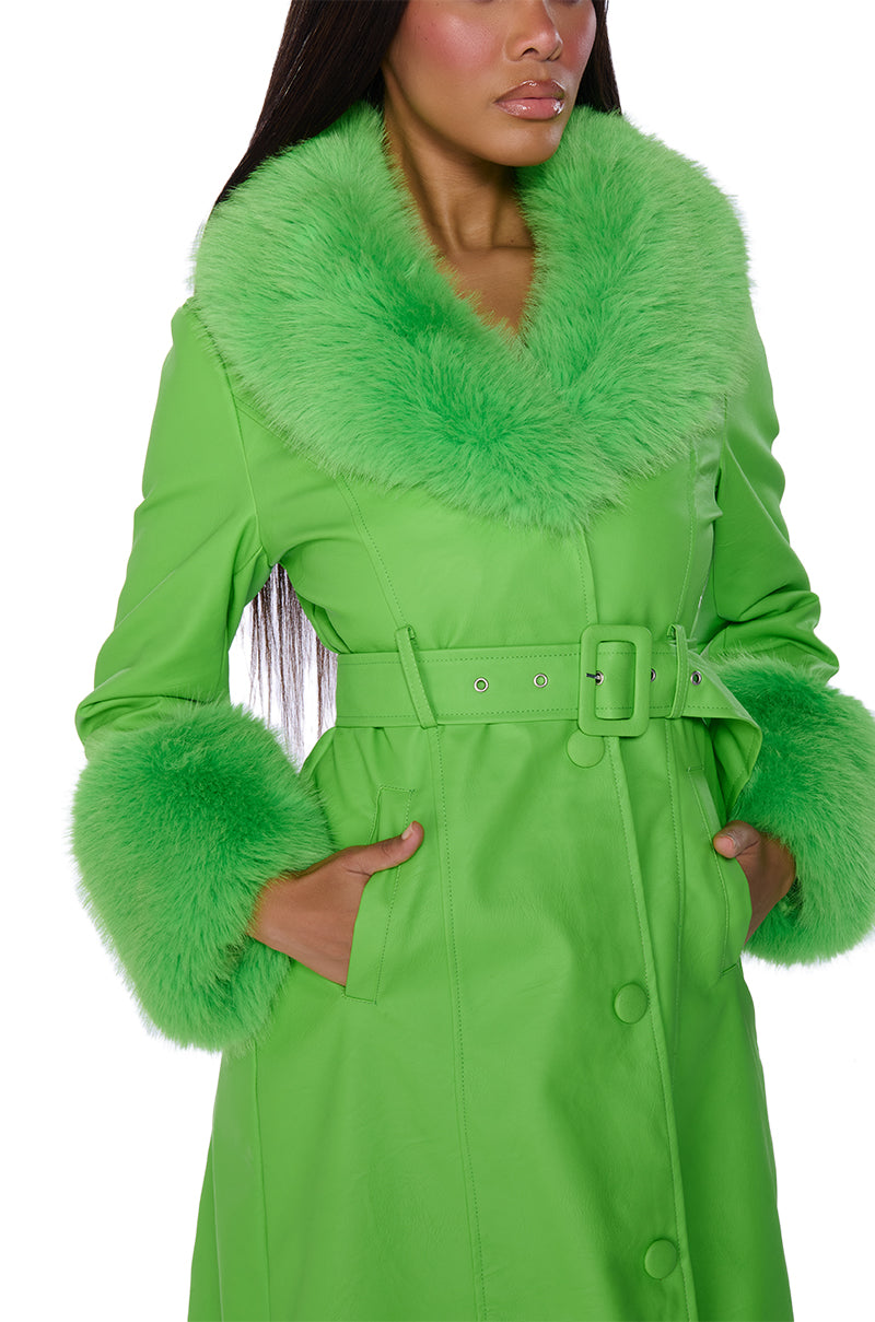 KAYA PU TRENCH WITH FUR LINING IN GREEN