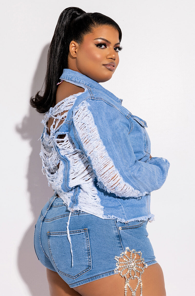 PLUS ULTRA DISTRESSED CROP DENIM JACKET