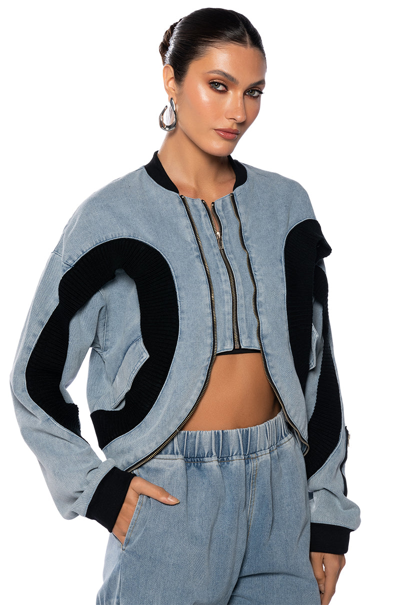 CURVE EFFECT RIB DENIM BOMBER