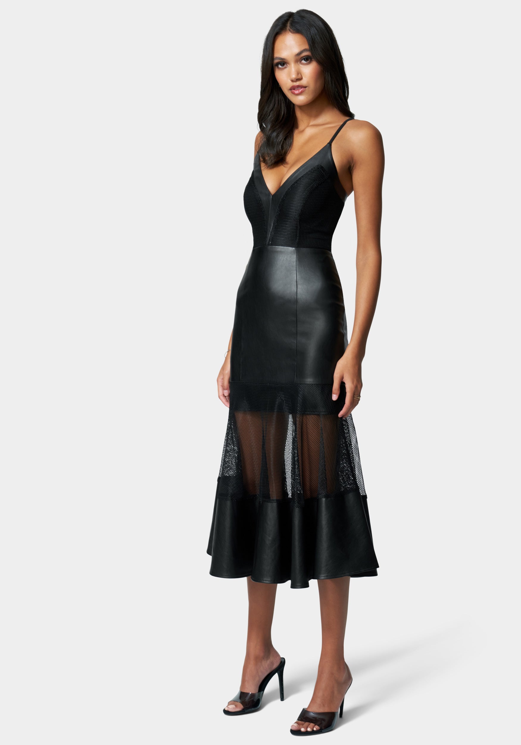 Mesh And Vegan Leather Flare Dress