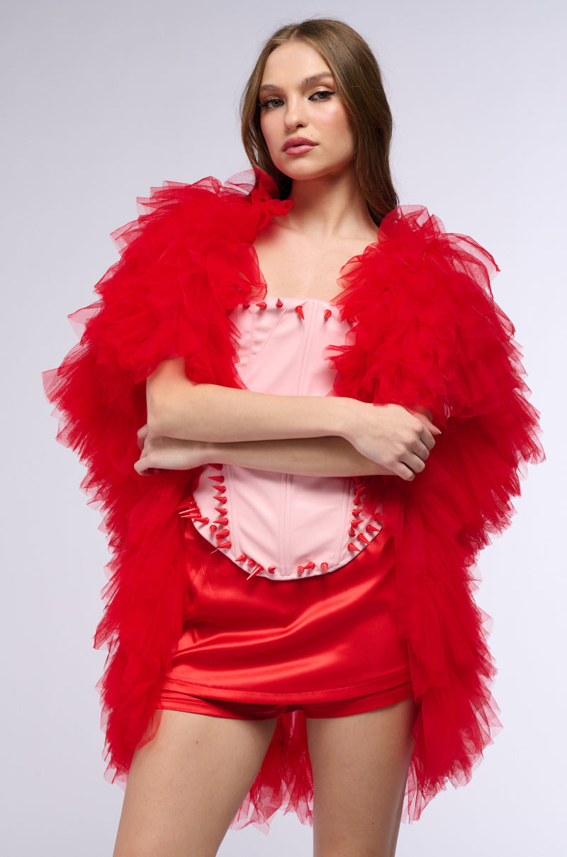 WANNA BE LOVED BY YOU TULLE WRAP SHRUG IN RED