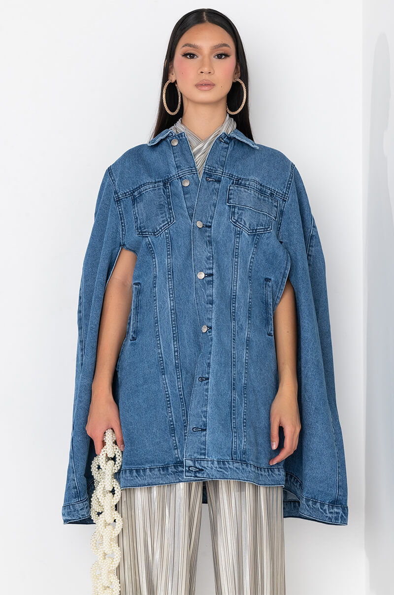 DON'T TALK LOUD DENIM TRENCH PONCHO