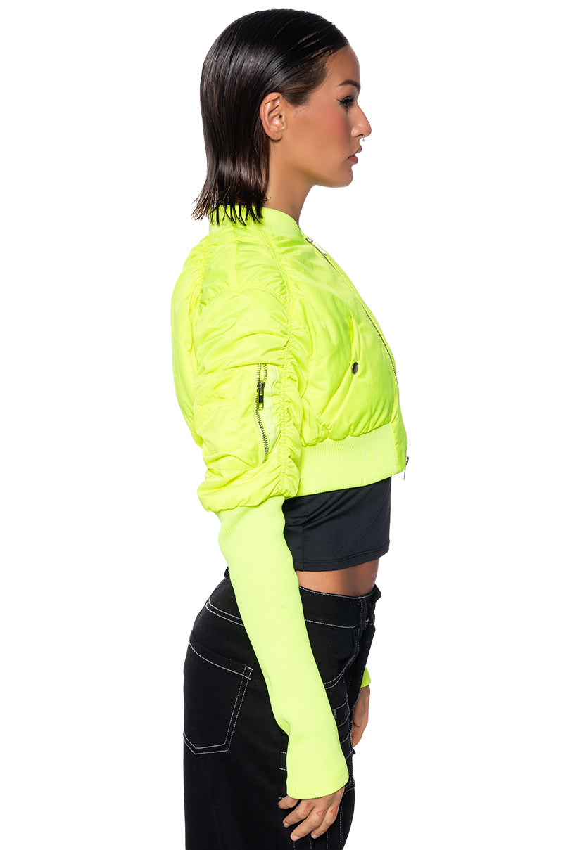 BABBS SKINNY ARM BOMBER JACKET IN NEON YELLOW