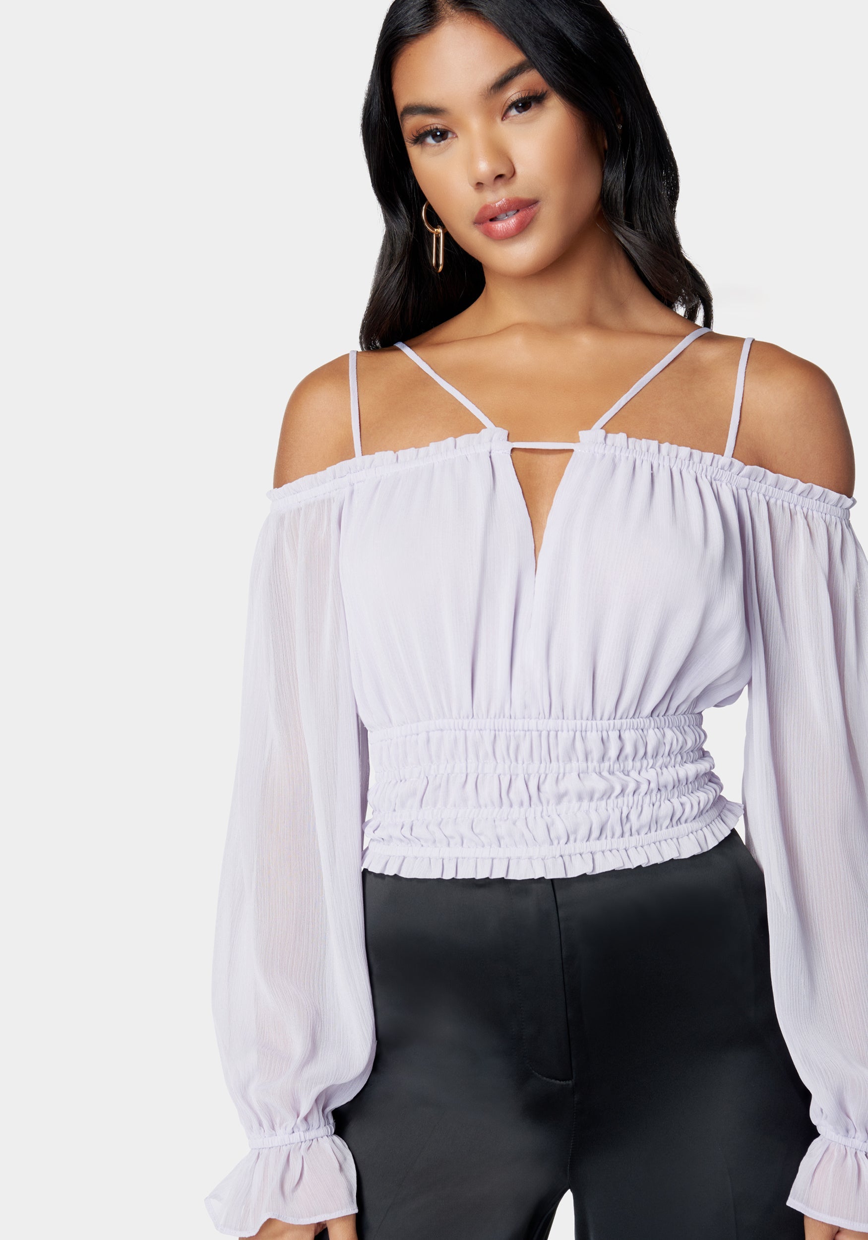 Multi Strap Cold Shoulder Ruched Blouse