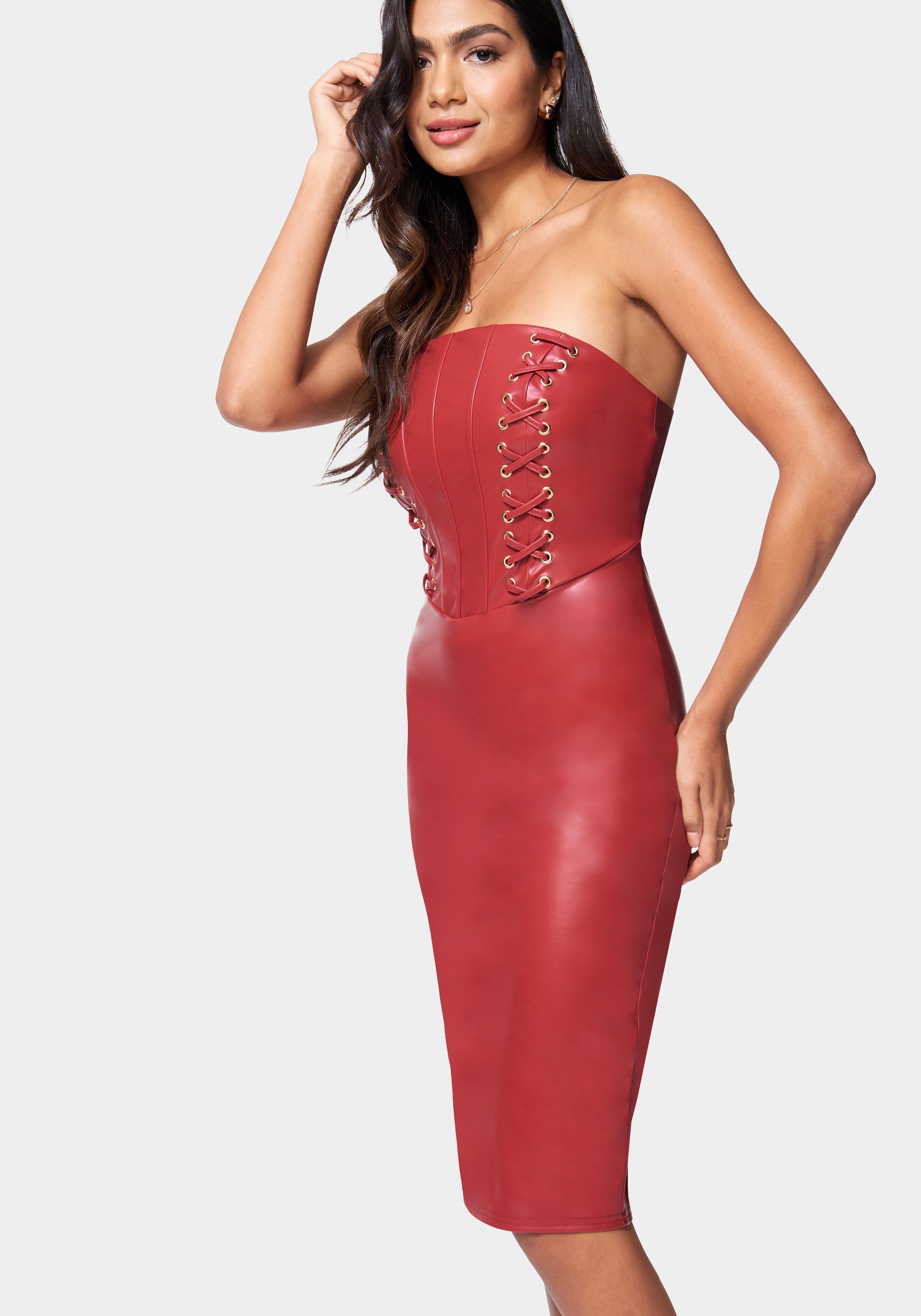 Vegan Leather Strapless Corset Midi Dress