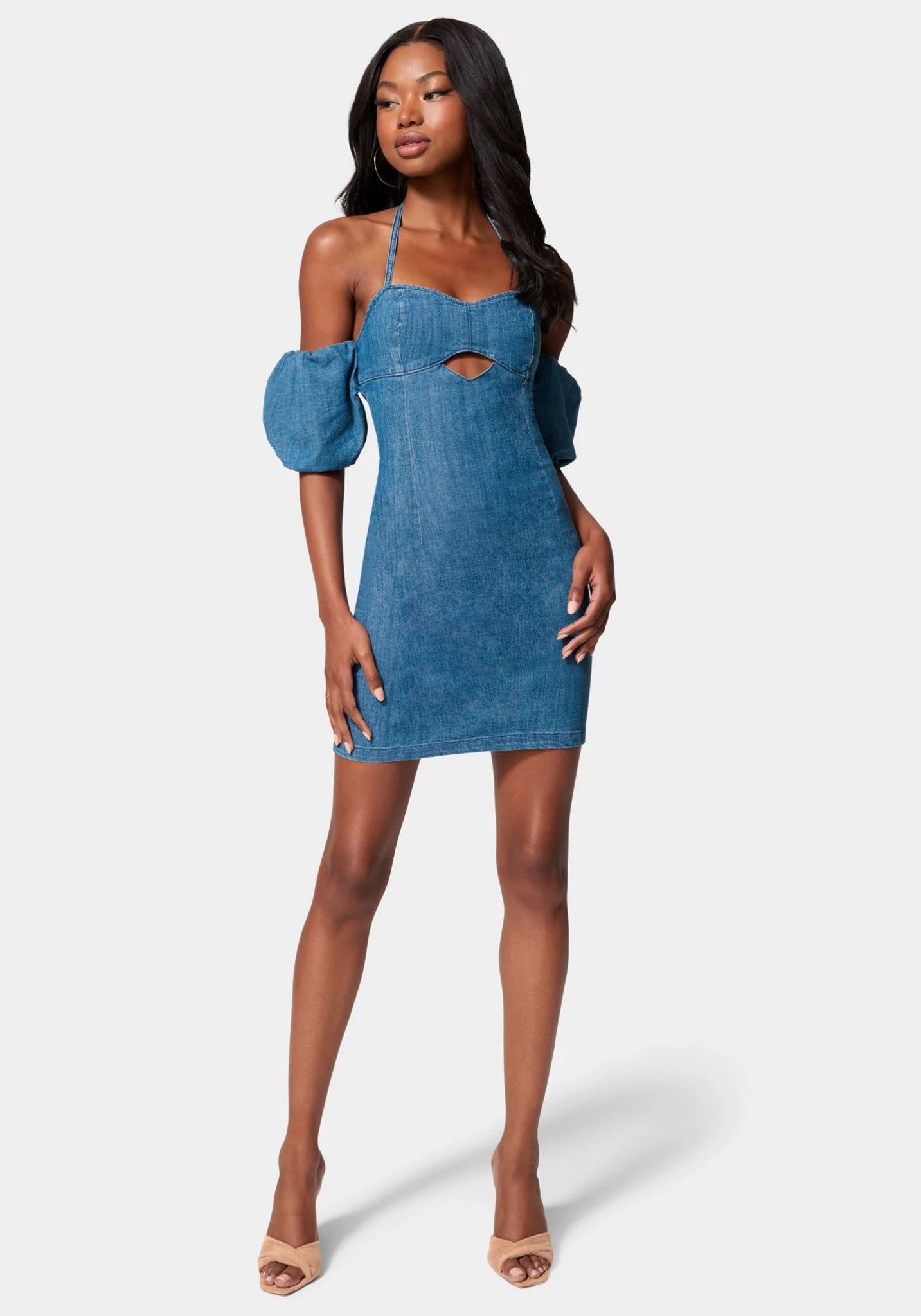 Off Shoulder Bubble Sleeve Denim Dress