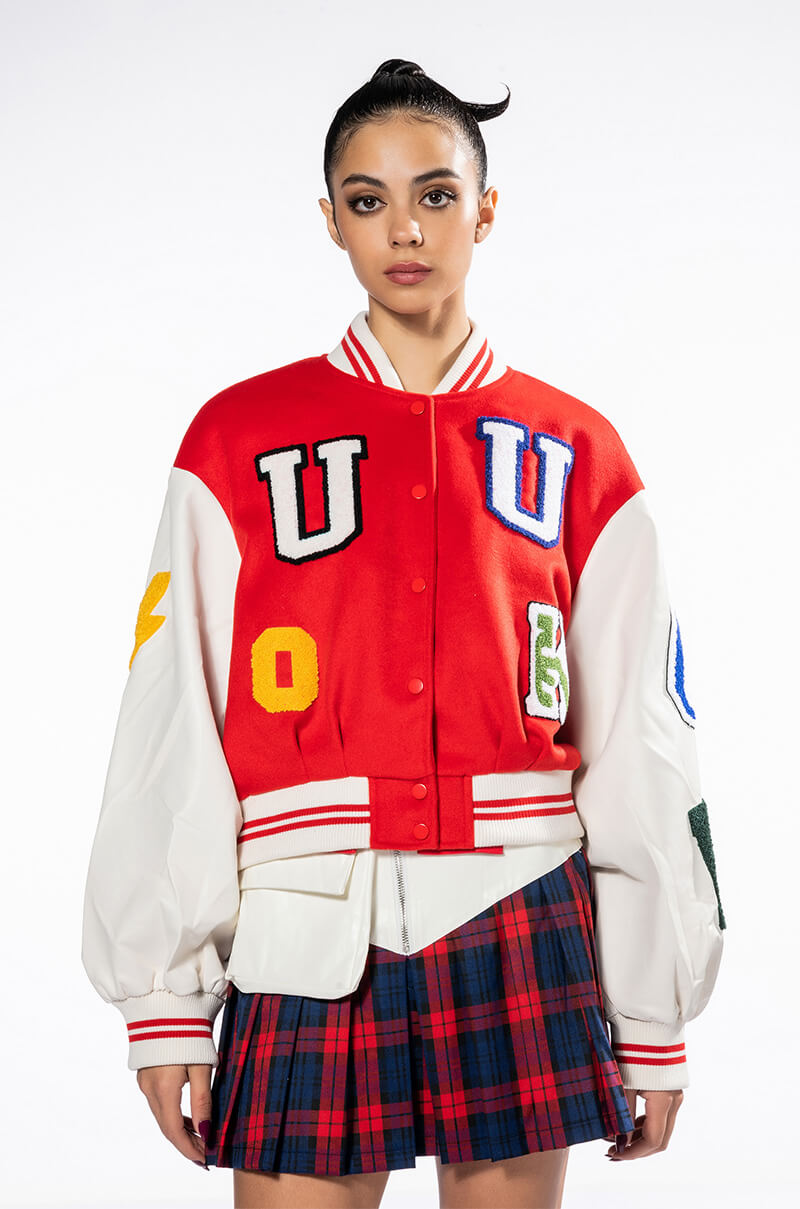 DOUBLE U PATCH WORK VARSITY BOMBER