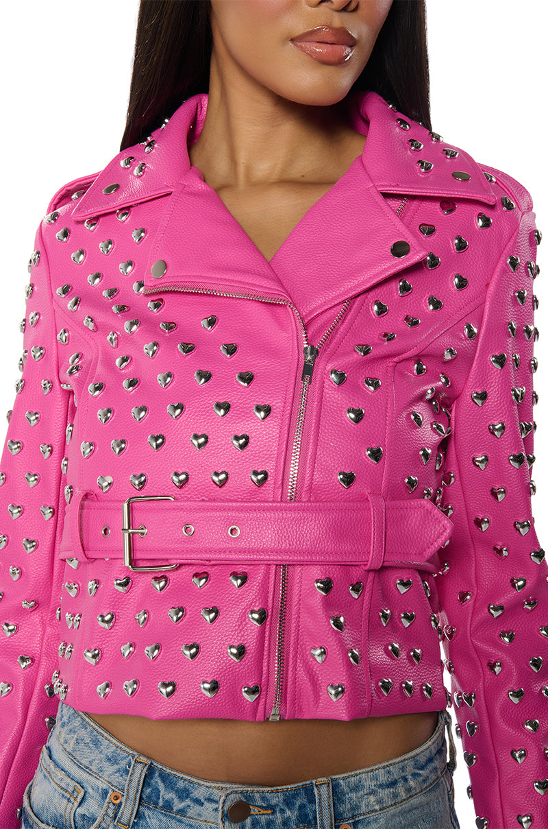 LOVE IS IN THE AIR HEART STUDDED MOTO JACKET