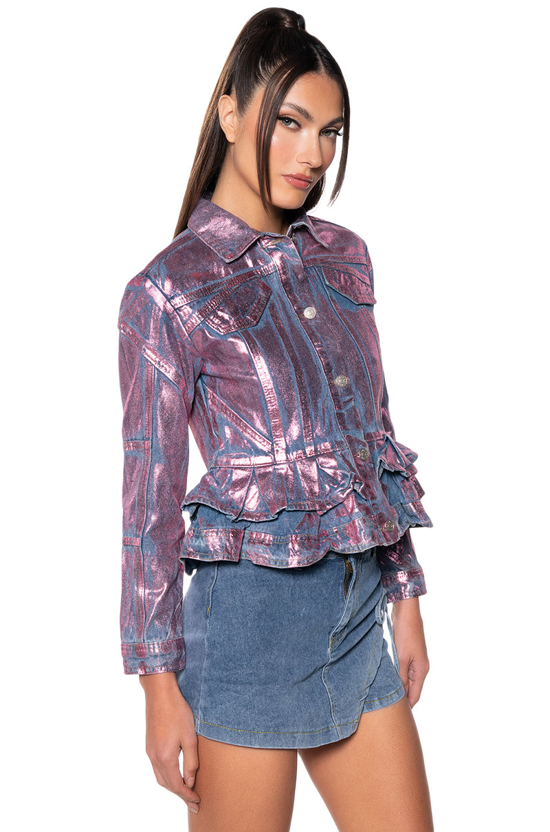 METALLIC DENIM PEPLUM JACKET