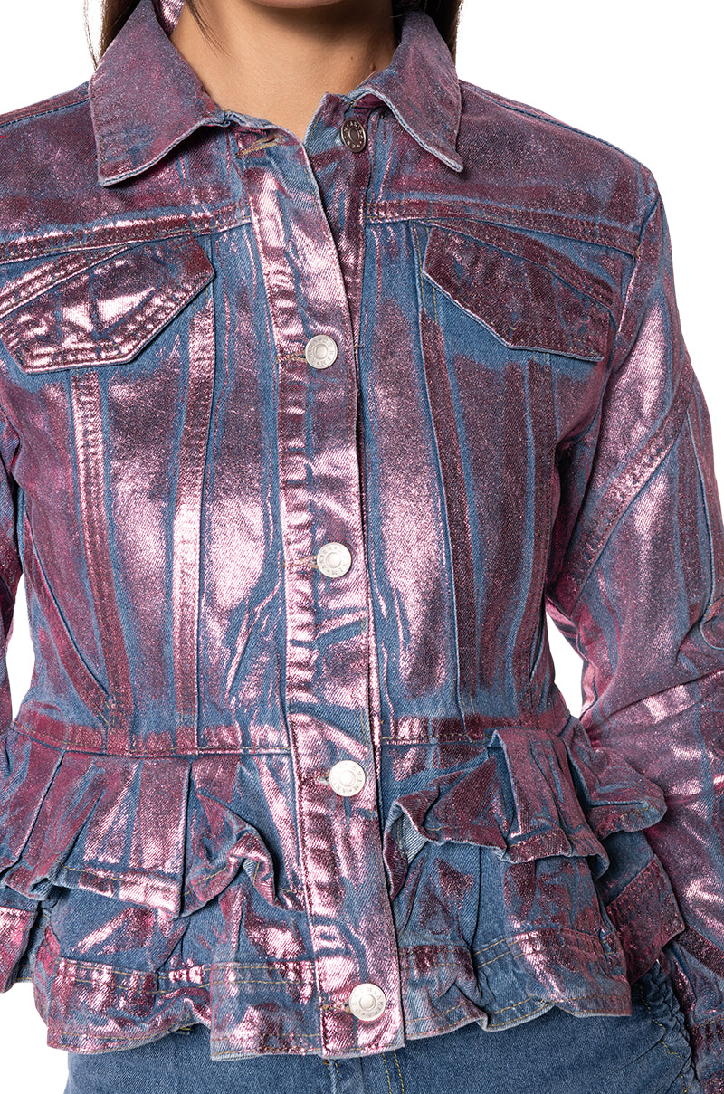 METALLIC DENIM PEPLUM JACKET