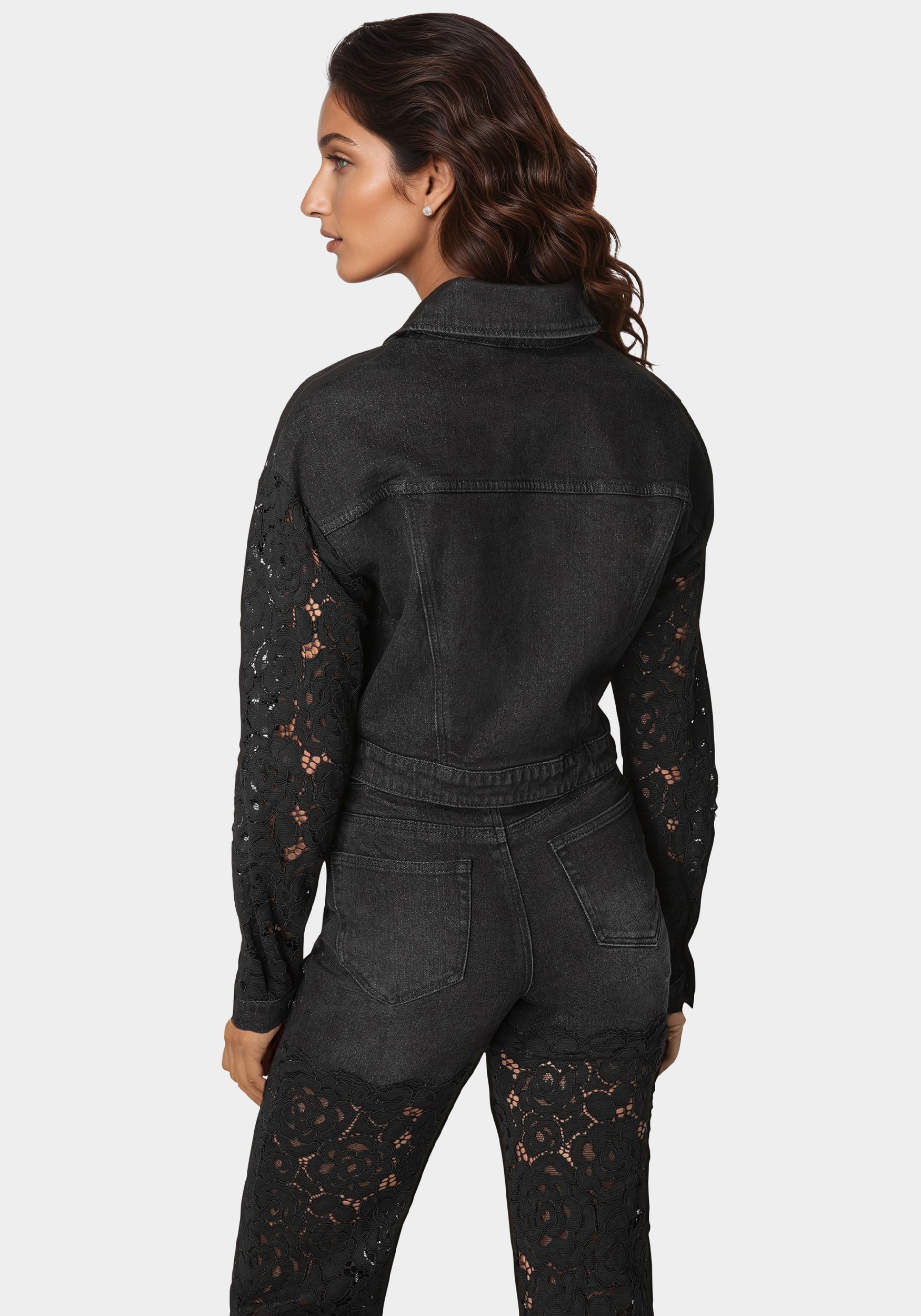 Drop Shoulder Embellished Lace Denim Jacket