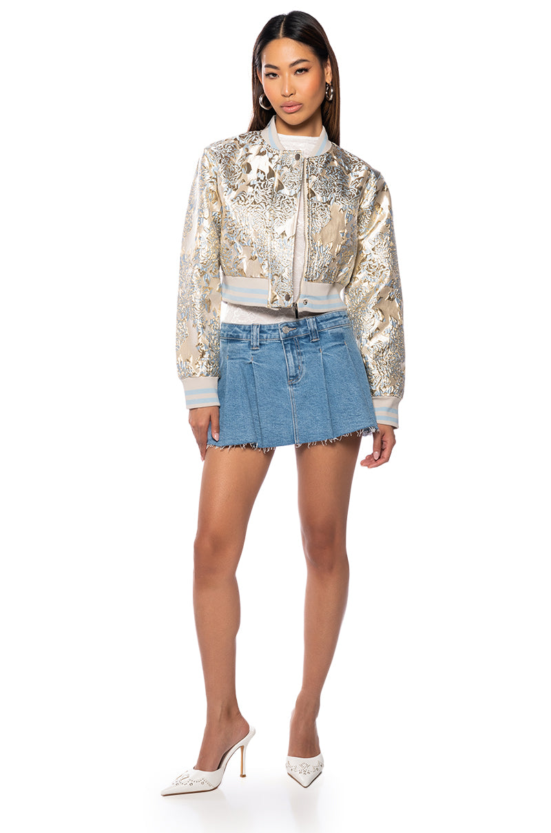 BROCADE TAPESTRY VARSITY BOMBER IN BLUE MULTI