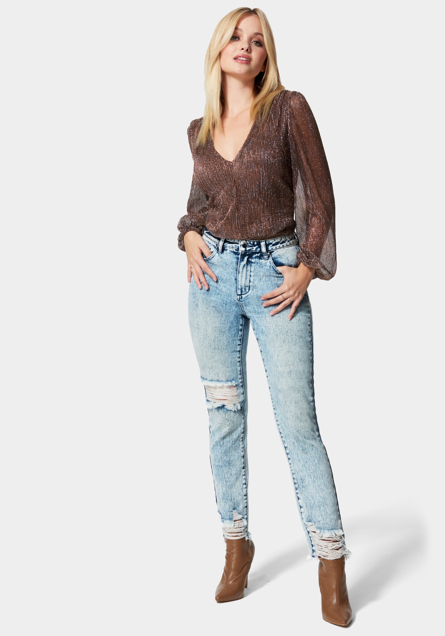 High Waist Distressed Straight Leg Jeans