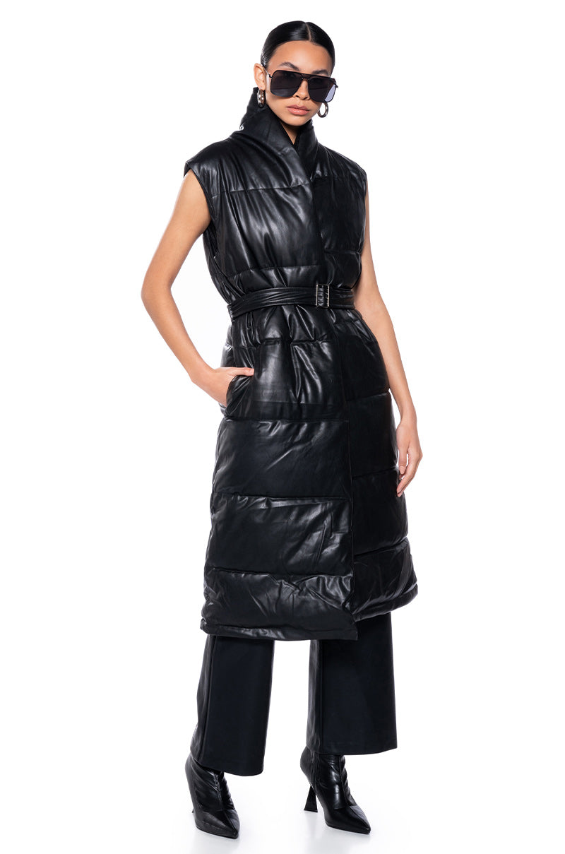 LONG PUFFER VEST WITH BELT