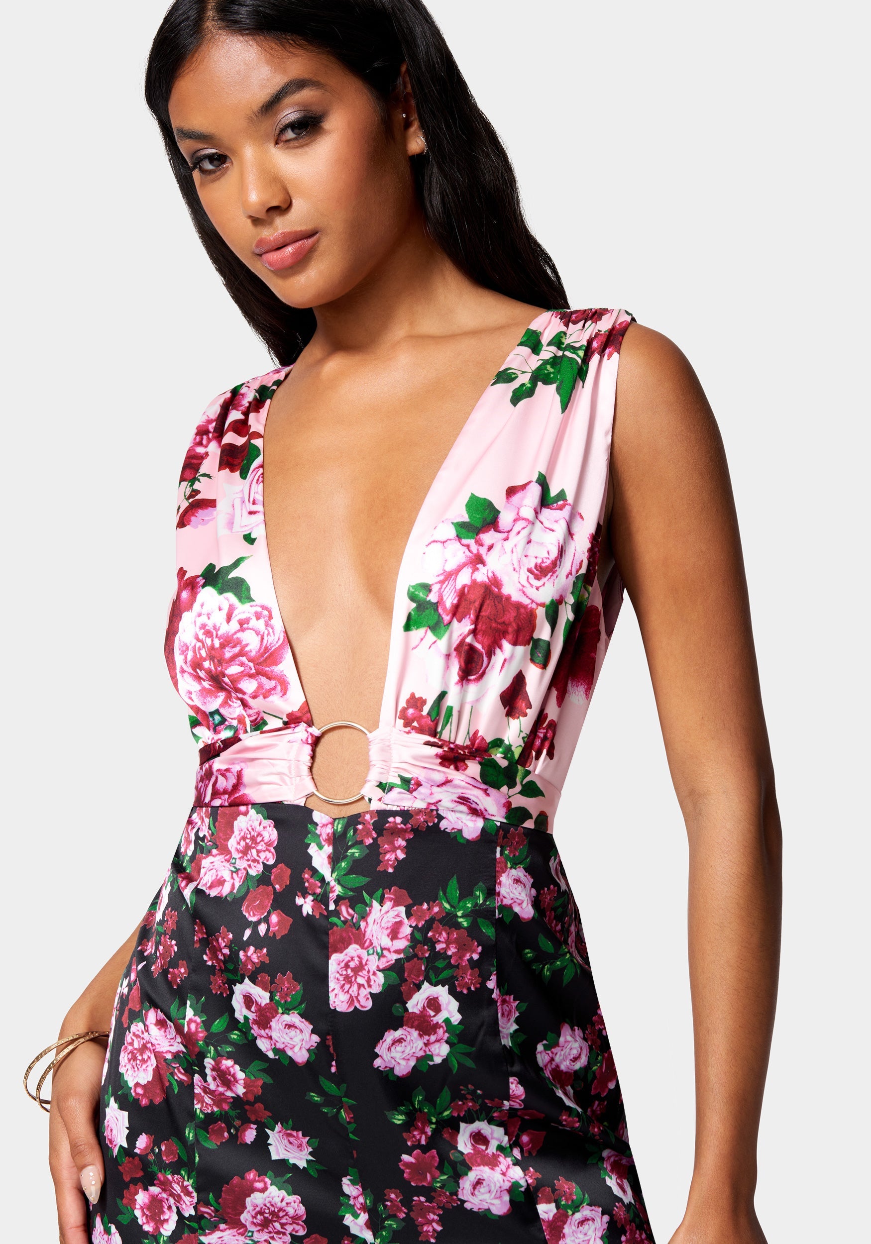 Printed Deep V Godet Leg Jumpsuit