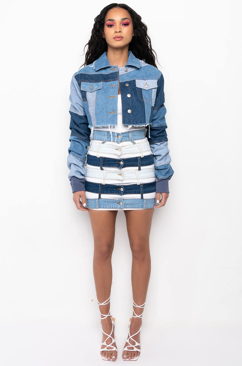 STACKED PATCH WORK CROP DENIM JACKET