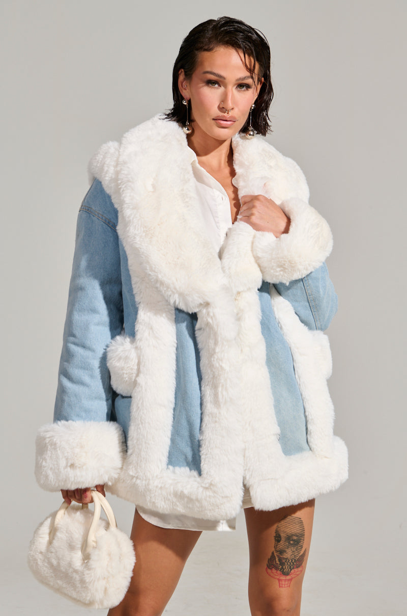 SITTING PRETTY FUR TRIM DENIM COAT