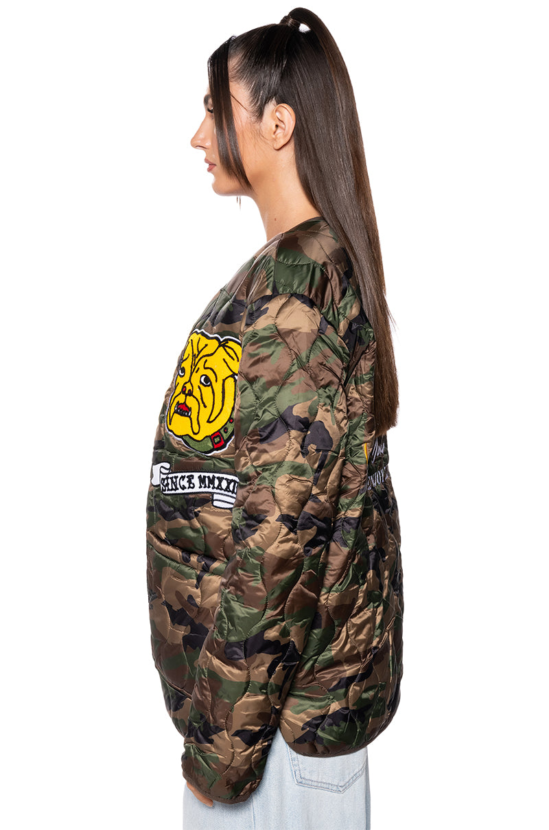 FIRST ROW NYLON CAMO PATCH BOMBER