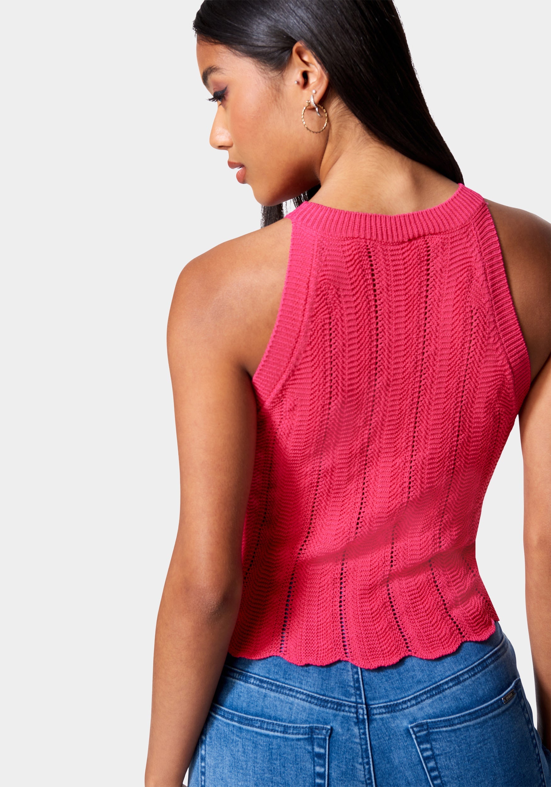 Scallop Hem Pointelle Sweater Halter Top