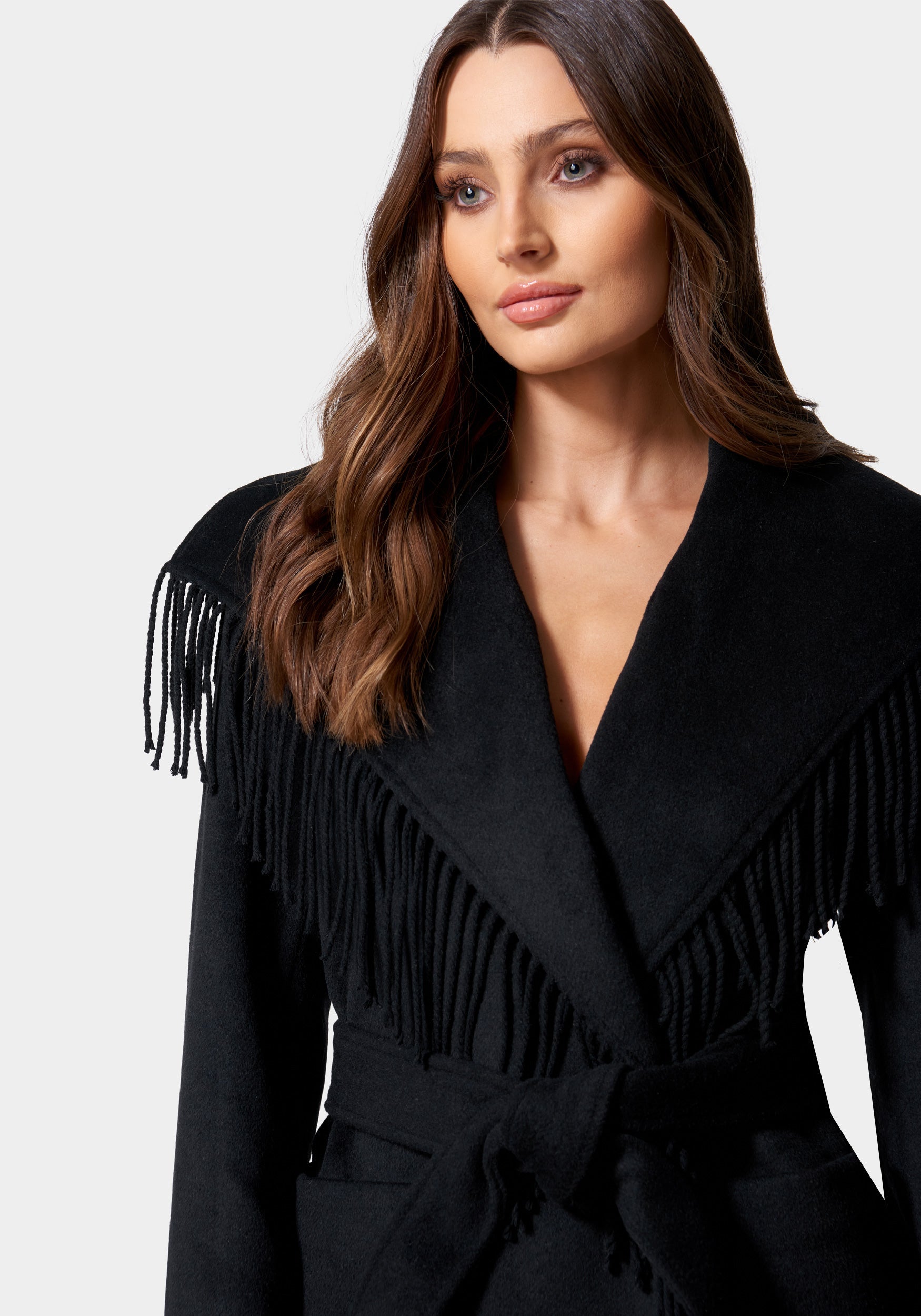 Fringe Detail Tie Waist Wrap Coat