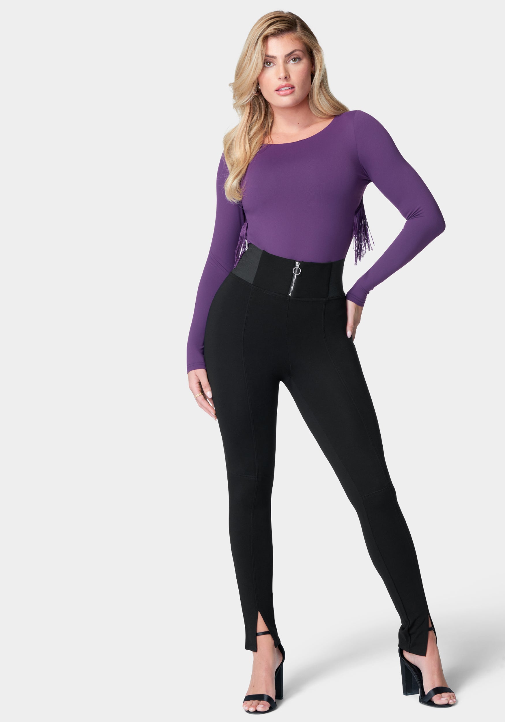 Elastic High Waist Slit Front Legging