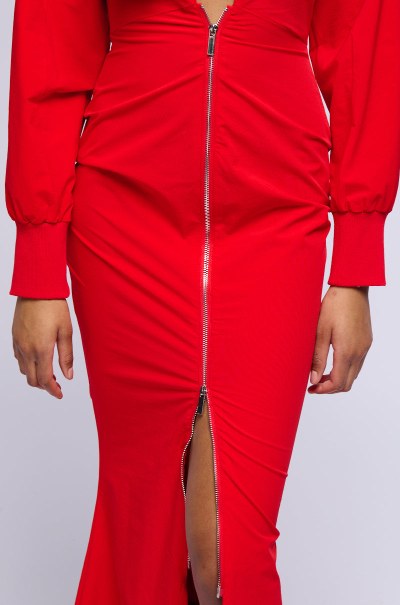 VERA LONG BOMBER DRESS JACKET IN RED