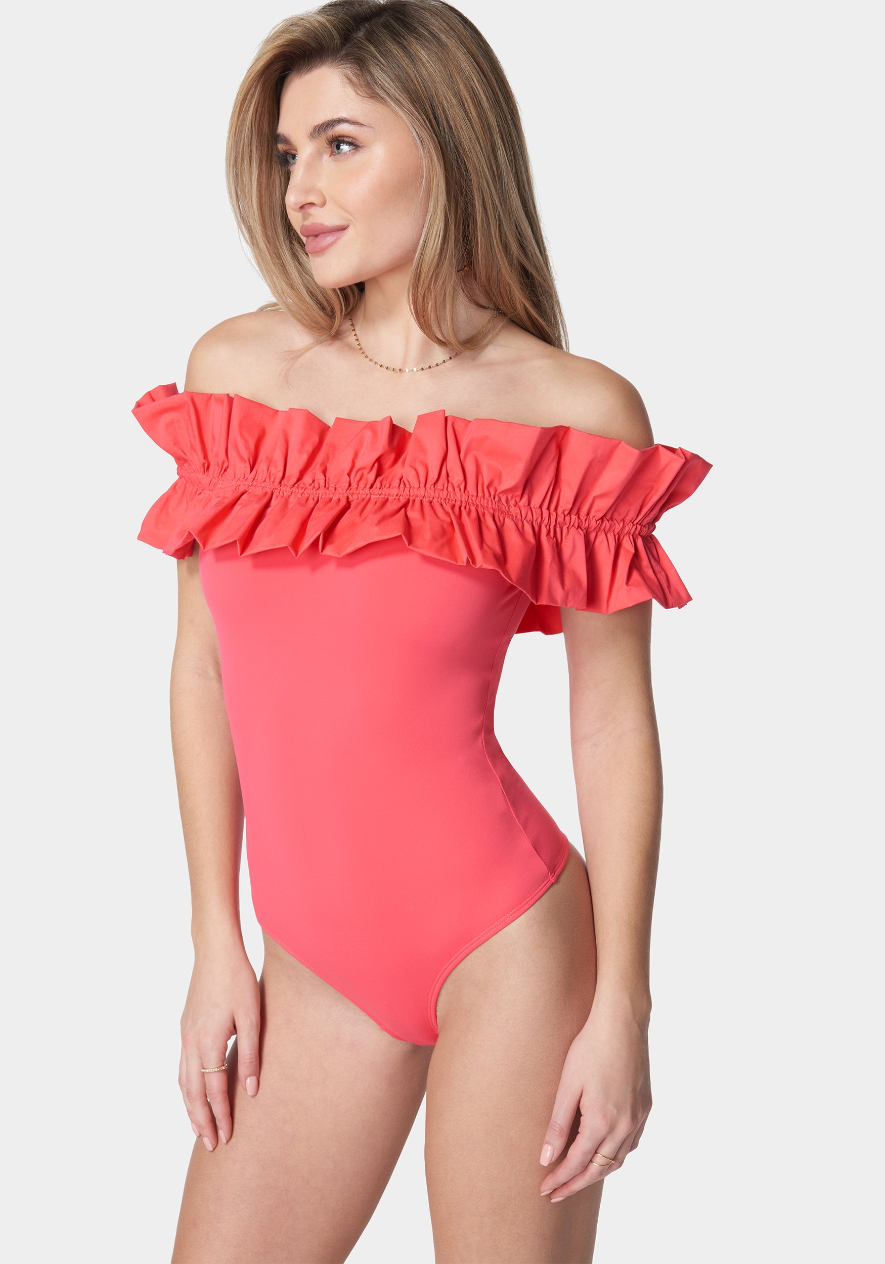 Off Shoulder Poplin Ruffle Knit Bodysuit