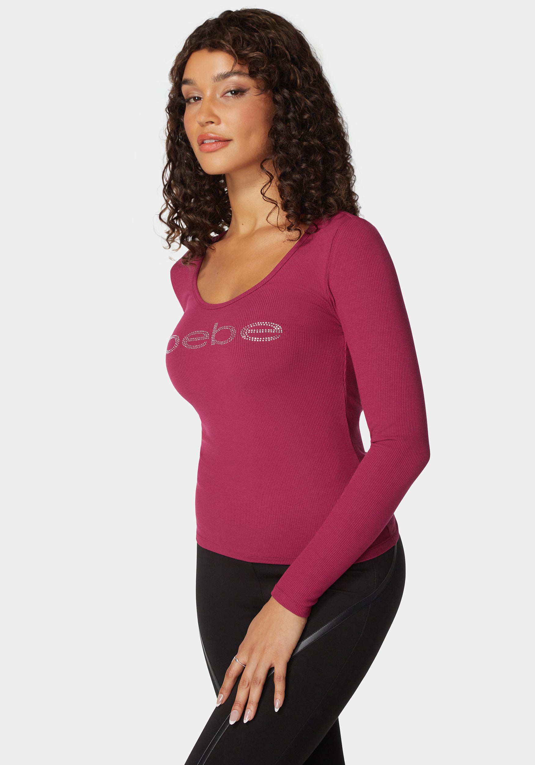 Long Sleeve Scoop Neck Bebe Logo Rib Top