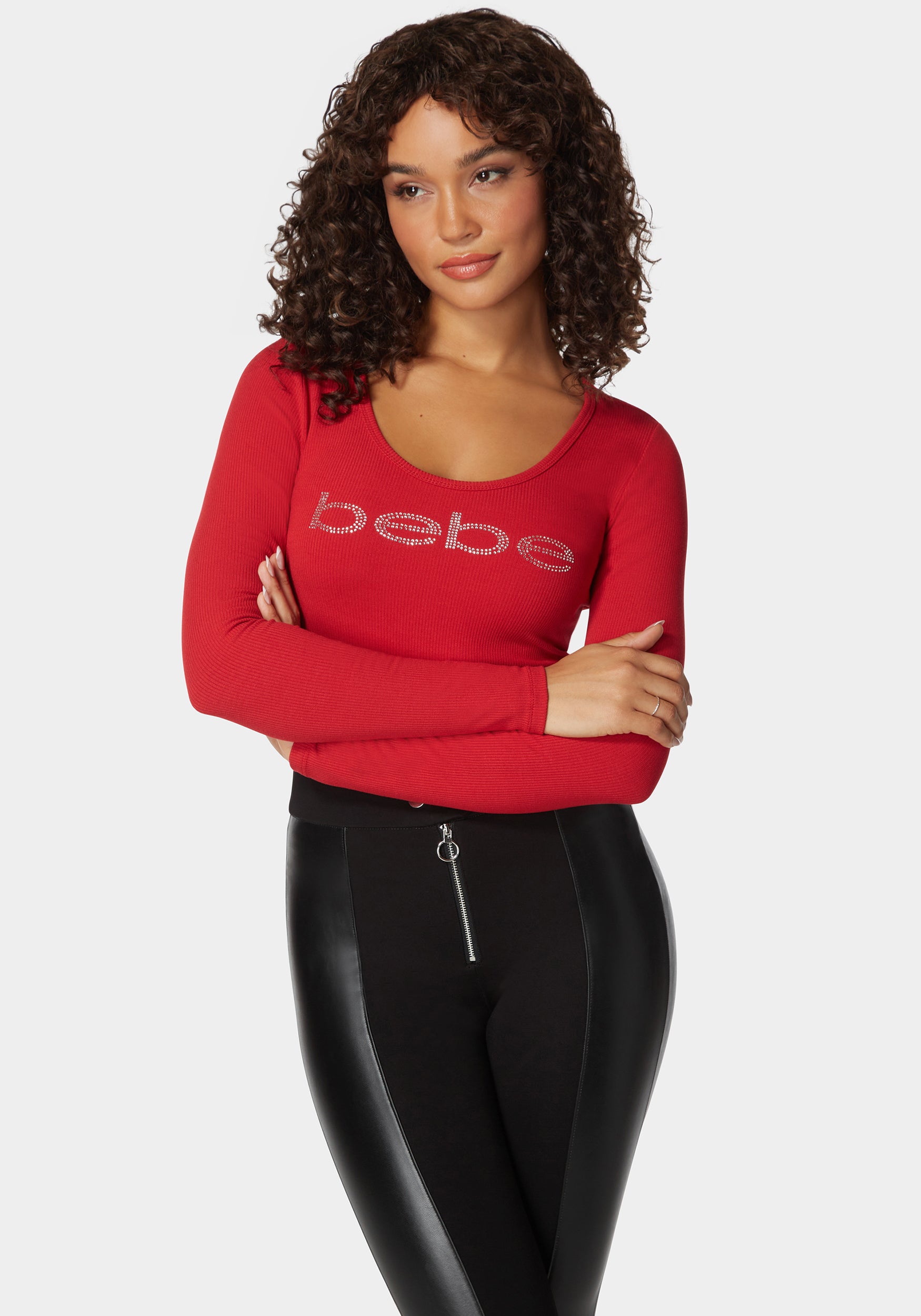 Long Sleeve Scoop Neck Bebe Logo Rib Top