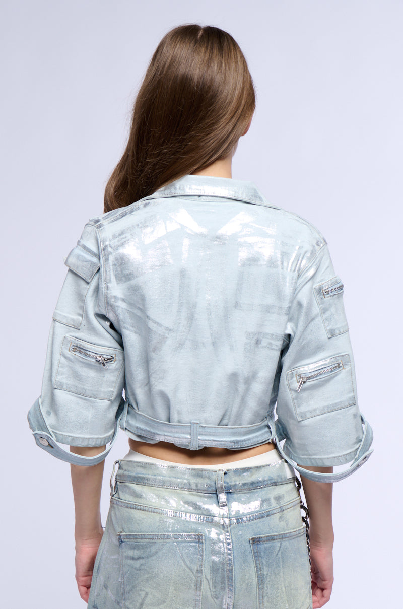 CARGO CROPPED CUT METALLIC DENIM JACKET