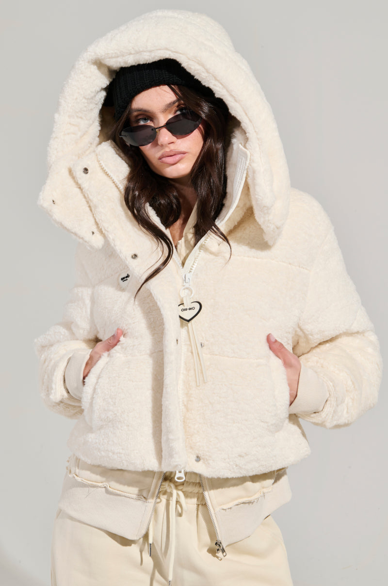 MARDIE FUZZY BEIGE HOODED PUFFER