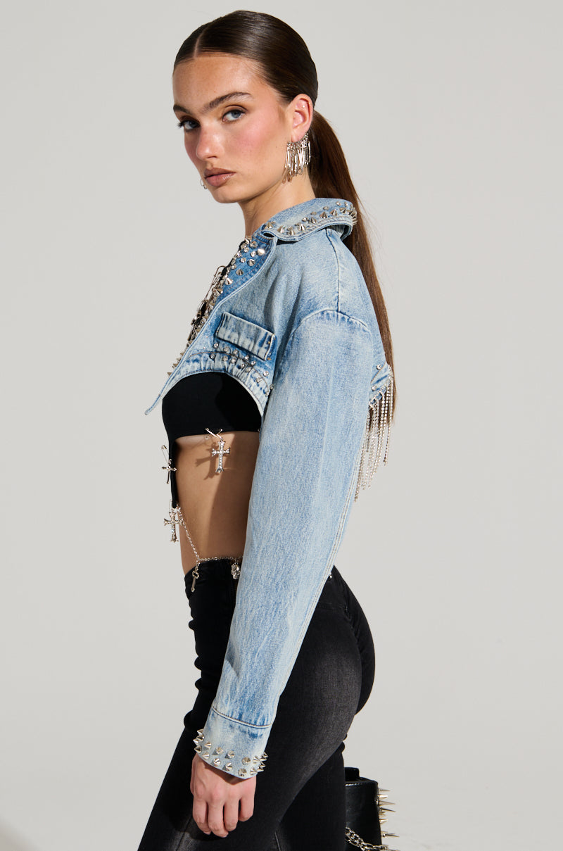 WATERFALL RHINESTONE CROPPED DENIM JACKET