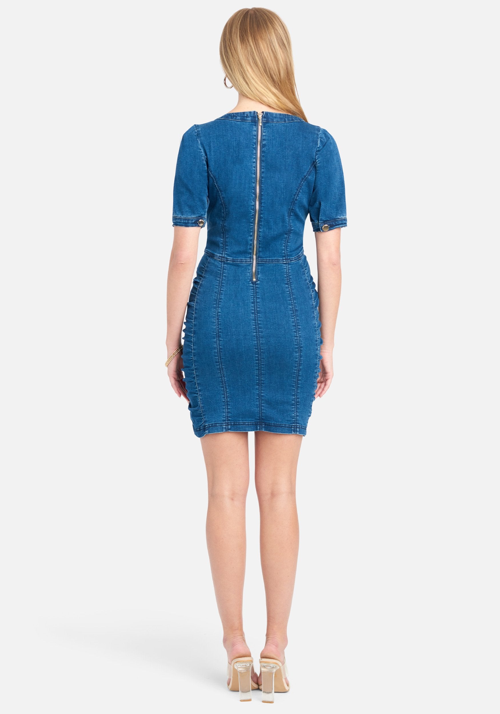 Deep V Ruched Denim Dress