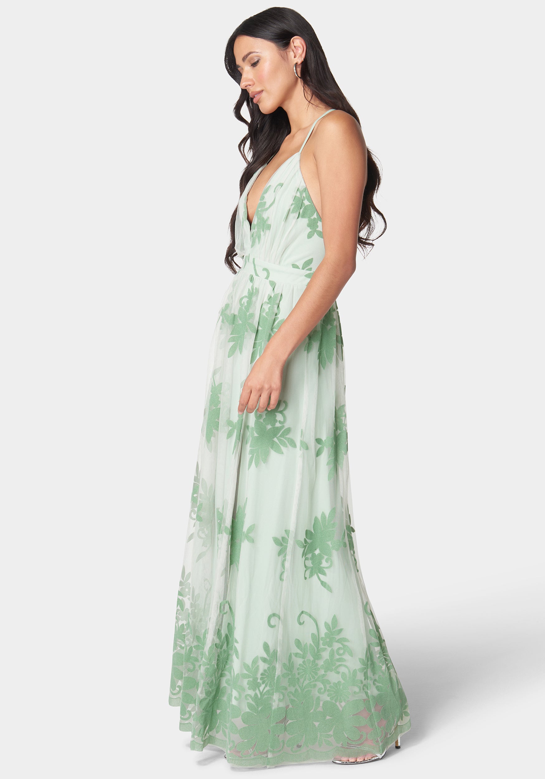 Plunge Neck Embroidered Maxi Dress