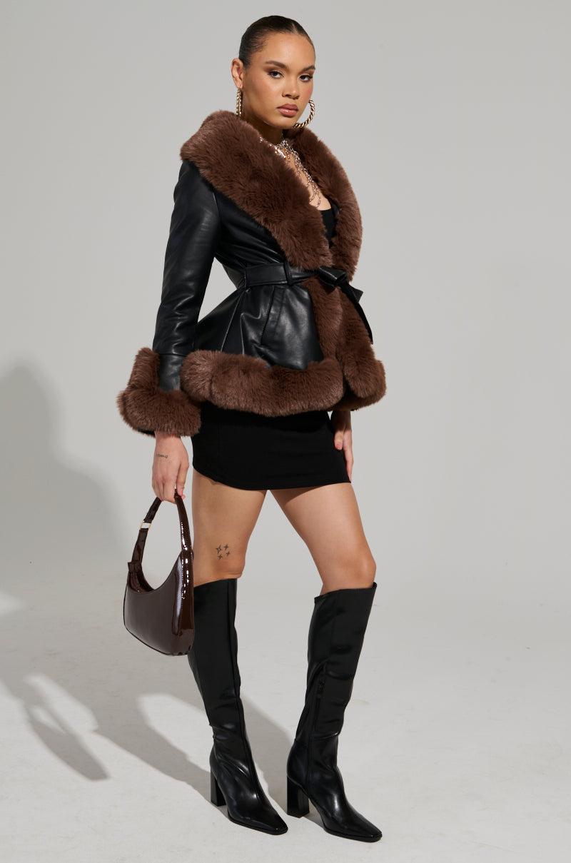 KENZY FUR TRIM PEPLUM MOTO IN BLACK BROWN