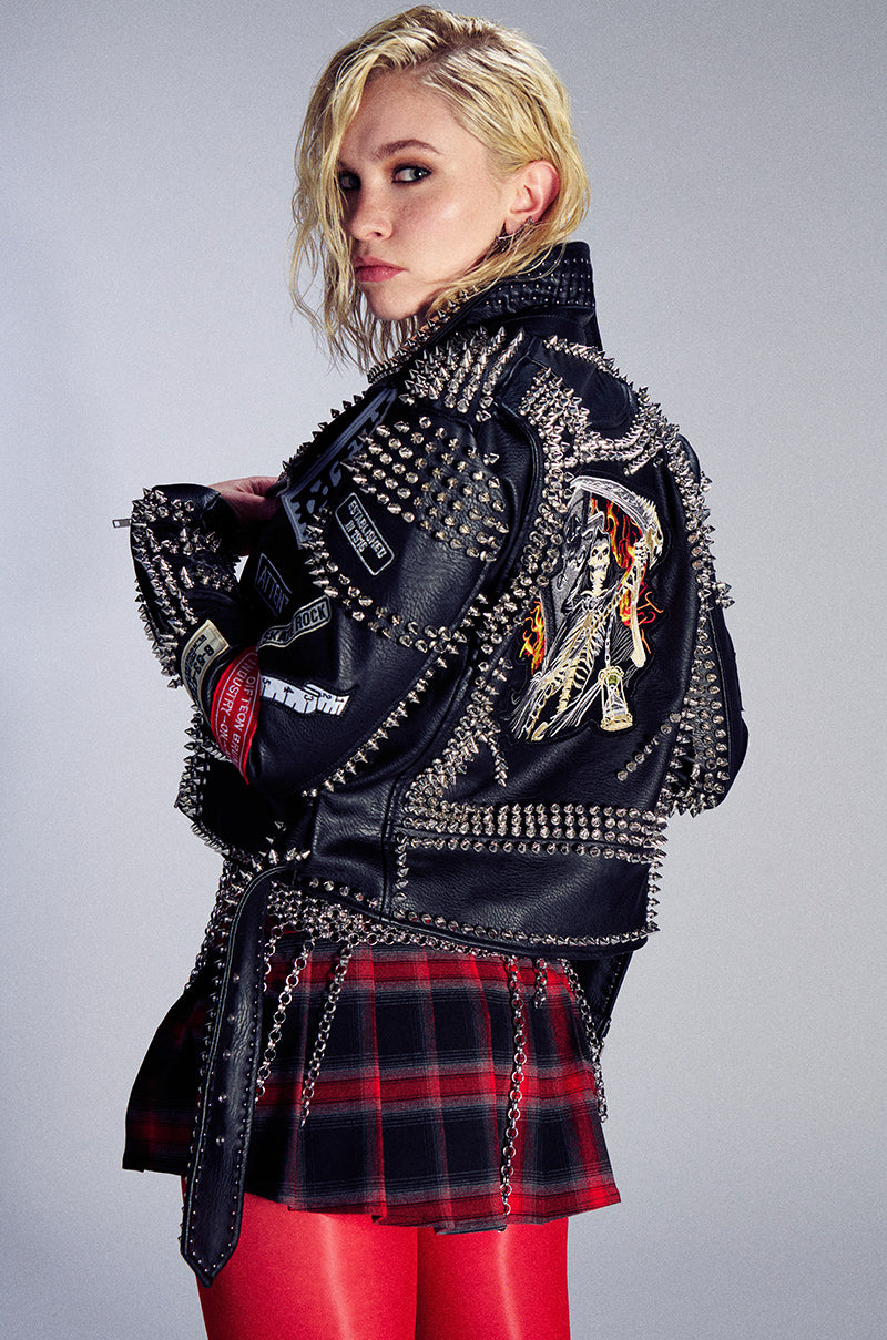 PUNK ROCK STUDDED PATCHWORK MOTO JACKET