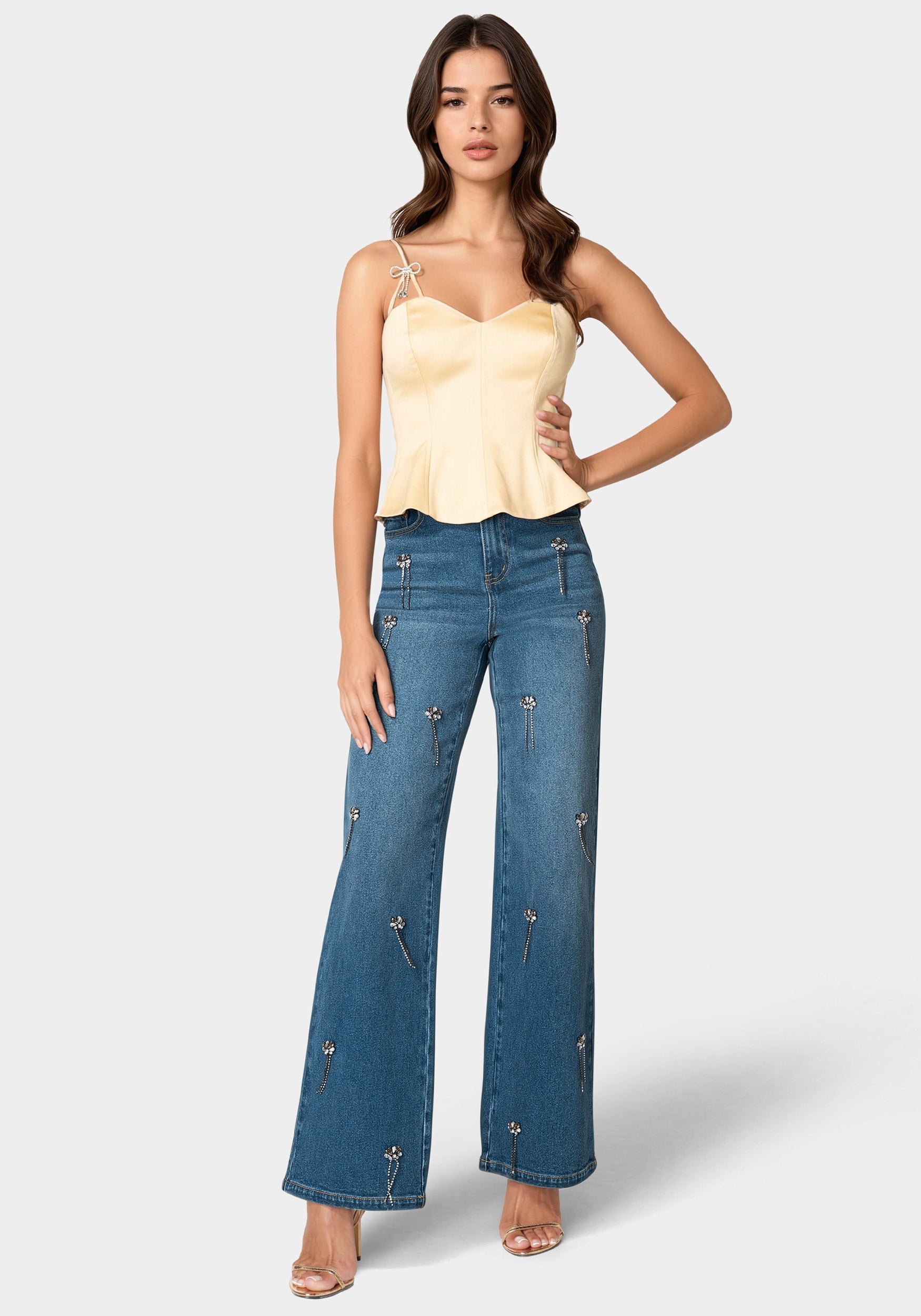 High Waist Clustered Rhinestone Wide Leg Jeans